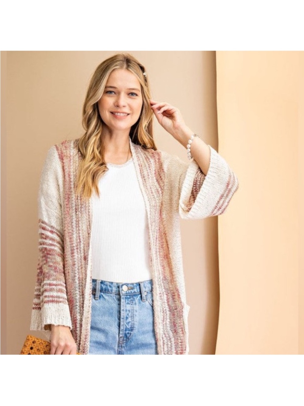 NWT Easel Boho Beach Oatmeal Striped Baja | Knit Open-Front Throw Cardigan - Picture 15 of 16